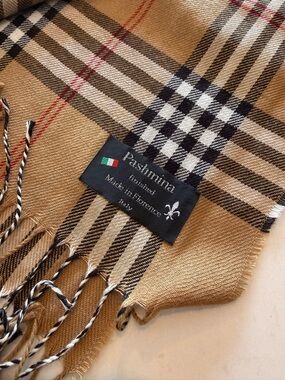 pashmina Tan Plaid Fringe Scarf with Black & White Checks